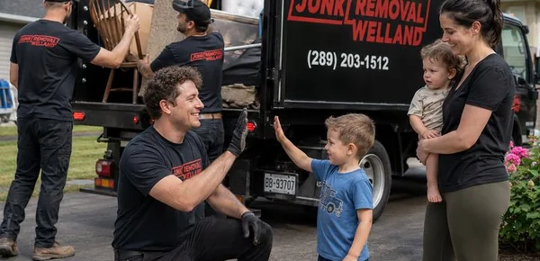 Example sponsor image: the Junk Removal Welland crew with a local family